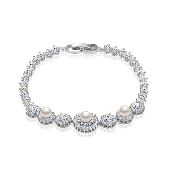 White Gold Plated Round Simulated Pearl With Cubic Zirconia Crystal Pave Flower Bracelet