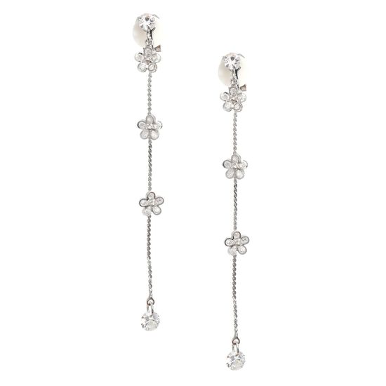 Silver-tone CZ Flowers Dangle Clip On Earrings